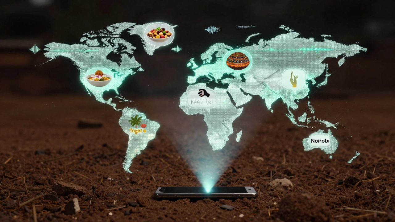 A global map with glowing podcast hubs in underrepresented regions, radiating cultural sound waves from a single phone in rural Kenya.