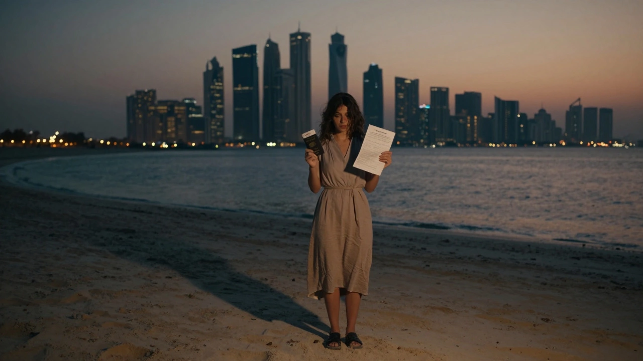 A woman stands on a Dubai beach at dusk, holding her passport and a job letter, with city lights behind her.