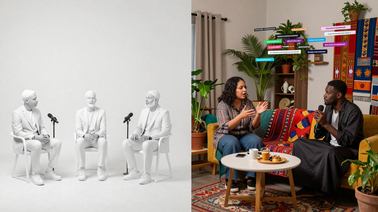 Contrasting scenes: sterile podcast studio with white male hosts versus a vibrant home setup with diverse hosts signing and speaking.