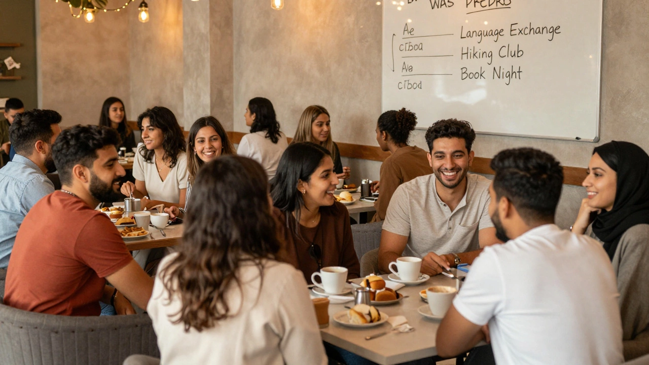 Diverse expats socialize warmly in a cozy Dubai café, laughing over coffee during a community event.